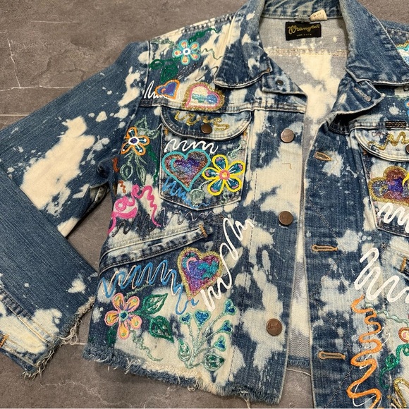 Wrangler denim jacket reworked painted bleached western cropped cut off jean - Picture 9 of 13